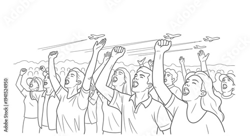 Crowd cheering, fists raised, watching fighter jets fly overhead in a patriotic display