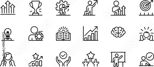 Upskilling Coaching And Career Development Outline Icons Pack Skill Growth Learning Teamwork Training Thin Line Vector Set