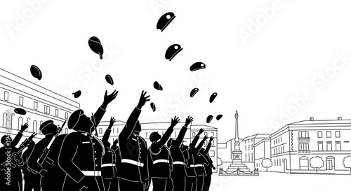 Crowd of people throwing hats in the air in celebration, black and white illustration
