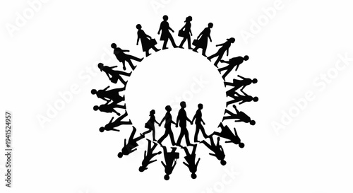 Diverse group of people walking in a circle, symbolizing unity and community.
