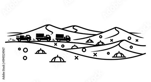 Desert Caravan: Trucks on Sand Dunes with Nomadic Tents