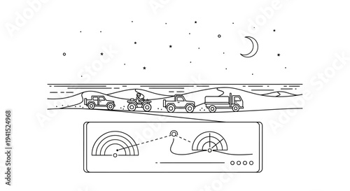 Desert convoy at night with moon and stars, illustration of navigation
