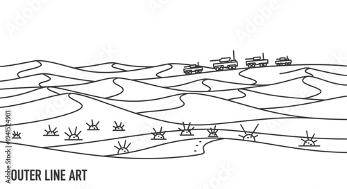 Desert Military Convoy: Tanks on Sand Dunes, Outer Line Art