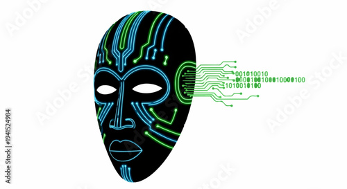 Futuristic digital mask with glowing circuit patterns and emerging binary code