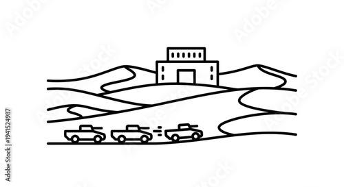 Desert landscape with military convoy approaching a fortress building
