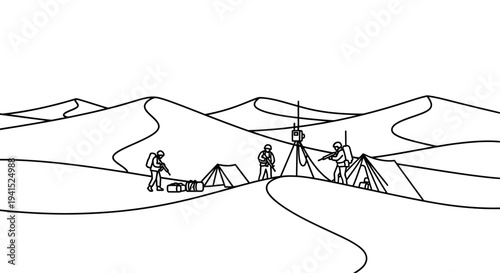 Desert Expedition Camp: Explorers Setting Up Tents and Equipment in Sand Dunes