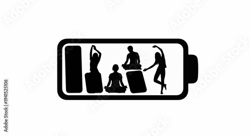 Silhouettes of people in yoga poses inside a battery, representing energy and wellness