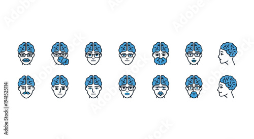 Set of diverse human head icons with visible blue brains representing thought and intelligence.