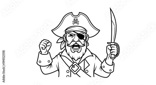 Furious Pirate Captain with Sword and Eye Patch, Roaring with Rage