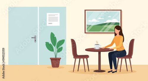 Woman sitting at a table in a cafe with a plant and framed artwork.