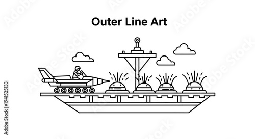 Futuristic Airplane on a Platform with Futuristic Plants and Clouds Line Art