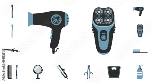Collection of Bathroom and Personal Grooming Appliances and Tools.