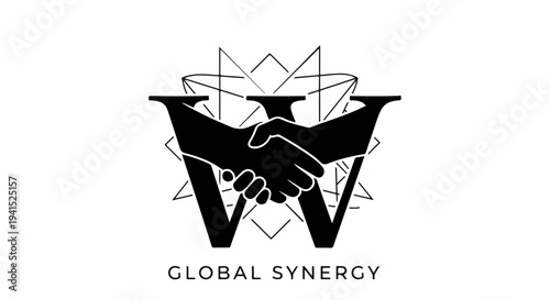 Abstract symbol of global synergy with hands shaking in partnership.