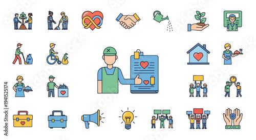 Collection of Charity and Volunteerism Icons in Flat Design Style.