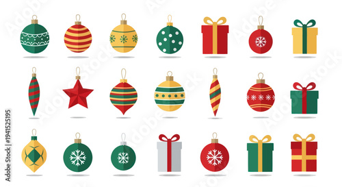 A colorful collection of flat design Christmas ornaments and wrapped gift boxes for holiday decoration.