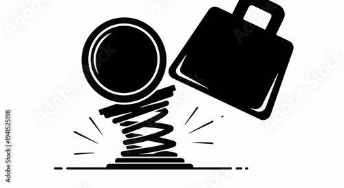 Business briefcase landing on a spring with a coin on top, symbolizing resilience and impact.