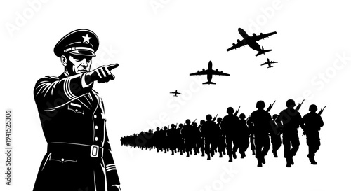 Military Commander Directs Troops and Airplanes, Silhouette Style