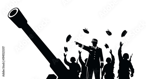 Military Commander Leading Soldiers with Artillery Gun, Victory Celebration