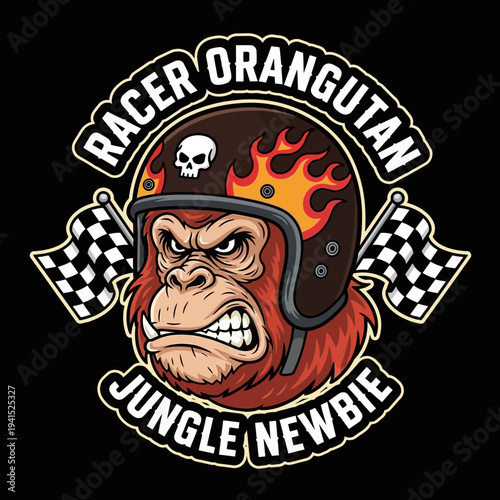 Orangutan Wearing Racing Helmet with Flames.