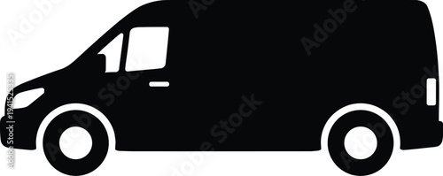 Minimal vector silhouette, delivery van side view, solid black, isolated on white background