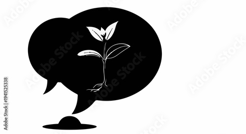 Growing idea represented by a sprouting plant within a speech bubble, symbolizing growth and communication.