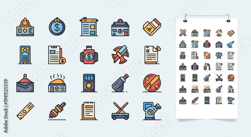 A colorful collection of filled outline icons representing business finance law and various objects for web and mobile design.