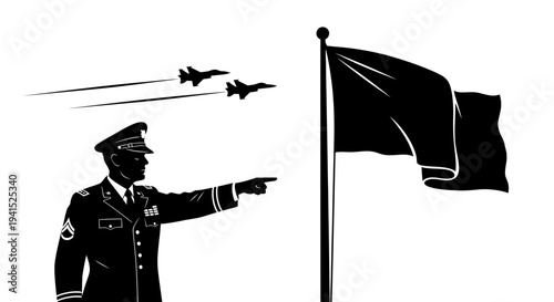 Military commander points to fighter jets flying past flag, symbolizing leadership and air power.