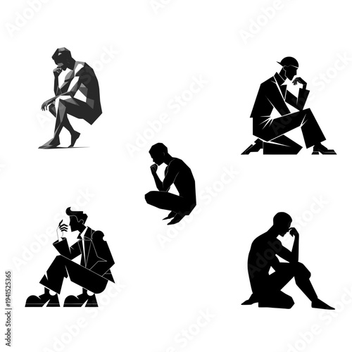 minimalist melancholic man silhouette contemplative thinker vector icon