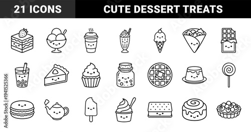 Sweet desserts and cafe beverage elements for bakery menus. Kawaii monoline pictograms featuring cute snacks, cakes, and refreshing drinks.
