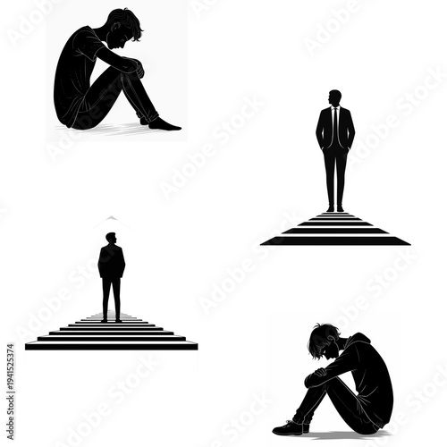 minimalist melancholic man silhouette contemplative thinker vector icon