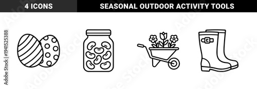 Spring gardening and Easter celebration elements for seasonal branding. Minimalist monoline pictograms featuring decorated eggs, seeds, boots, and wheelbarrow.
