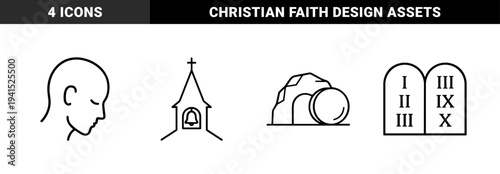 Christian religious symbols and biblical heritage elements. Monoline minimalist pictograms featuring meditation, church architecture, empty tomb, and ten commandments.