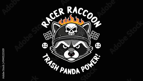 Raccoon Wearing Helmet with Skull Design.