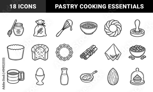 Traditional baking and pastry preparation elements in bold monoline style. Rustic culinary ingredients and kitchenware for recipe books and artisanal bakery branding.