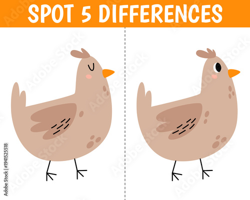 Cute chicken in cartoon style. Find 5 differences. Educational matching animal game for children. Printable worksheet with solution for school and preschool. Vector cartoon illustration.