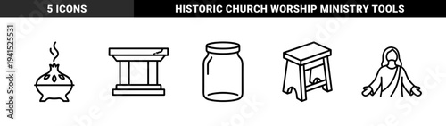 Ancient spiritual and biblical artifacts for religious education and storytelling. Minimalist monoline pictograms featuring a stone altar, incense burner, jar, stool, and biblical figure.