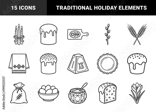 Orthodox Easter celebration elements and traditional Slavic holiday symbols. Monoline black and white pictograms featuring Kulich bread, Paska cheese, pussy willow, and festive candles.
