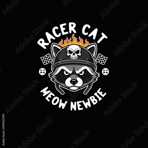 Racer Cat Meow Newbie Cartoon Logo.