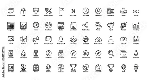 Social Media Content, Collaboration, and Security Line Icons Set on Isolated White Background