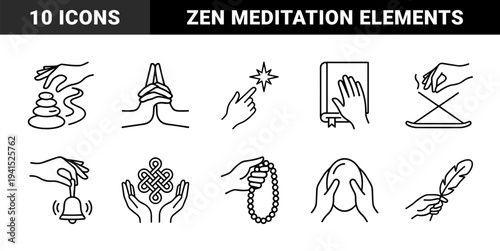 Spiritual mindfulness and zen meditation practices featuring hand gestures and ritual objects. Minimalist black monolinear line art for wellness and holistic branding.