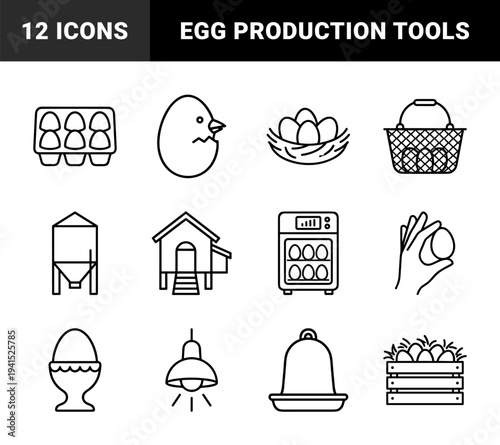 Poultry farming and egg production line art elements for agricultural branding. Technical monoline pictograms featuring chicken coop, incubator, and organic egg supply chain concepts.