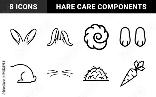 Rabbit farming and Easter celebration elements featuring leporid anatomy and dietary components. Minimalist monoline pictograms for pet care and spring seasonal branding.