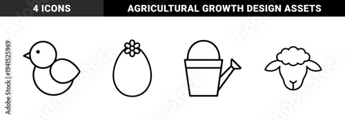 Spring seasonal symbols and agricultural growth elements for holiday branding. Technical monoline pictograms featuring Easter egg, chick, sheep, and watering can.