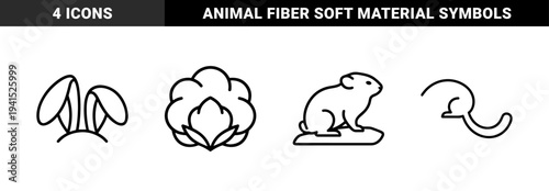 Soft textile production and organic material symbols for sustainable fashion branding. Technical monoline pictograms featuring cotton boll, rabbit ears, and rodent silhouettes.