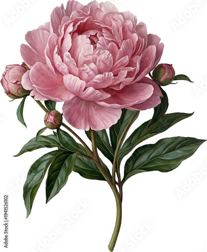 Blooming peony flower isolated on a transparent background. Vintage painting style illustration.