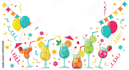 Set of 6 colorful cocktail illustrations with party decorations vector
