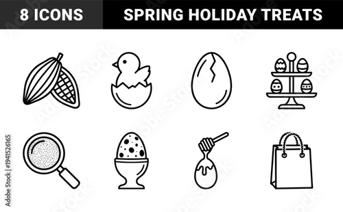 Easter holiday and spring confectionery celebration elements featuring chocolate cocoa pods, hatching chicks, and decorated egg displays in a clean monoline aesthetic.