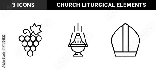 Ecclesiastical and liturgical symbols featuring a swinging censer, bunch of grapes, and a clerical mitre hat in a clean monolinear aesthetic.