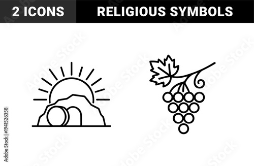 Easter resurrection tomb and communion grapes symbols for religious publishing. Minimalist monoline pictograms featuring Christian faith and biblical salvation concepts.