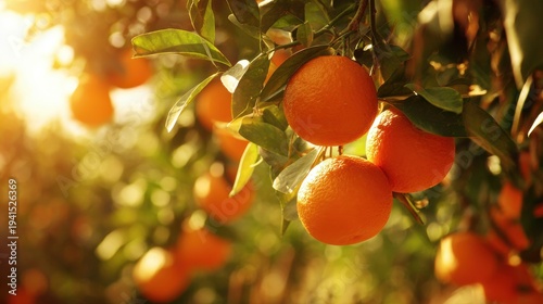 Sun-kissed Ripe Oranges Hanging from Branches in a Verdant Grove